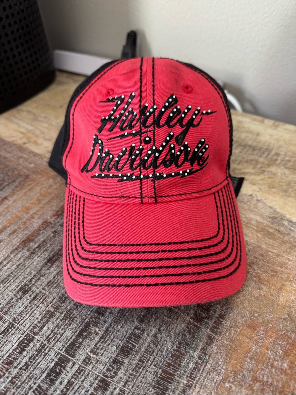 Harley-Davidson Red and Black Studded Script Cap